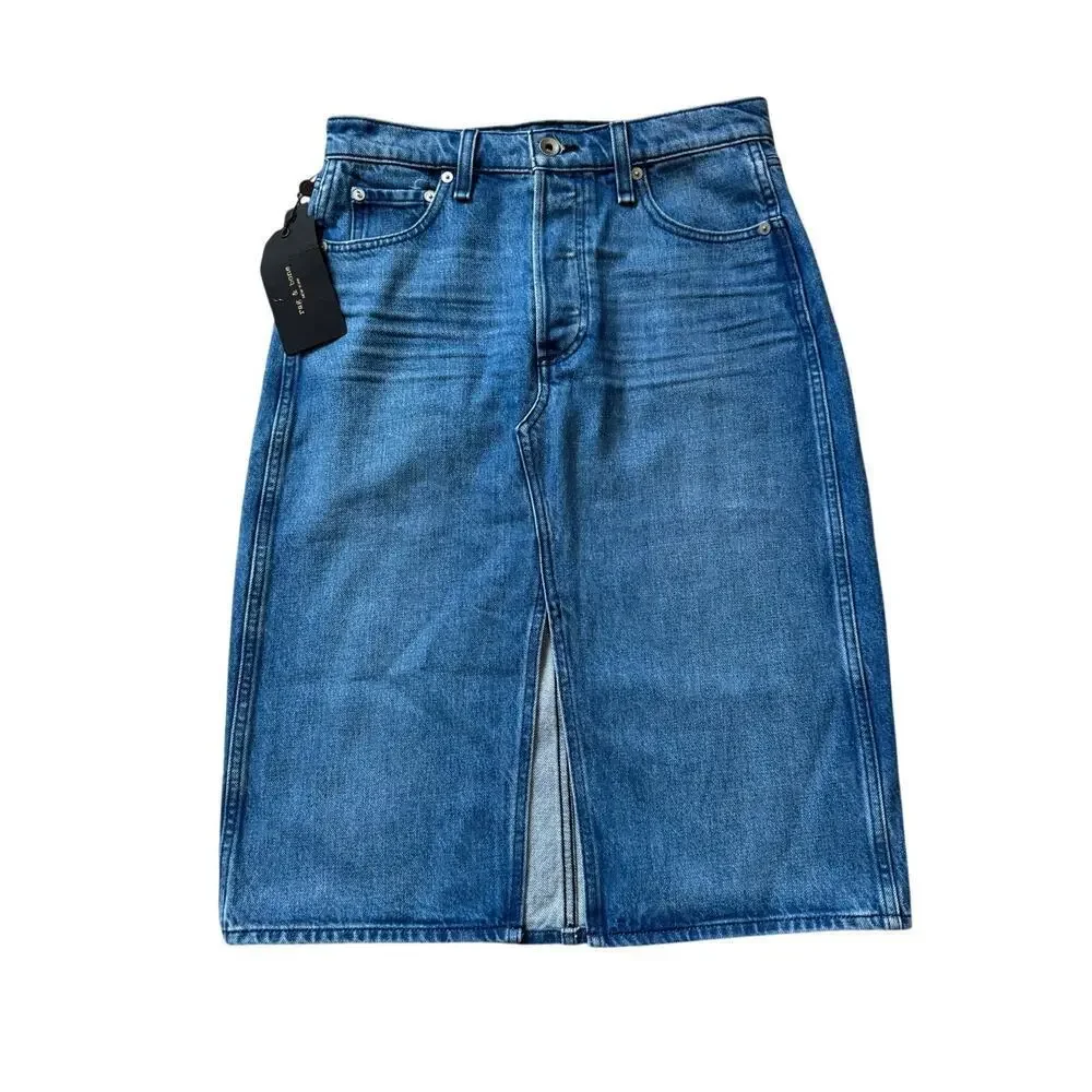 NWT - RAG & BONE Blue Denim Skirt, size 27; Button Fly; POPPY; Vintage High rise